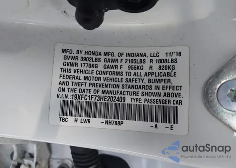 2017 Honda Civic Ex-L z USA, uszkodzony, nr VIN 19XFC1F73HE202409